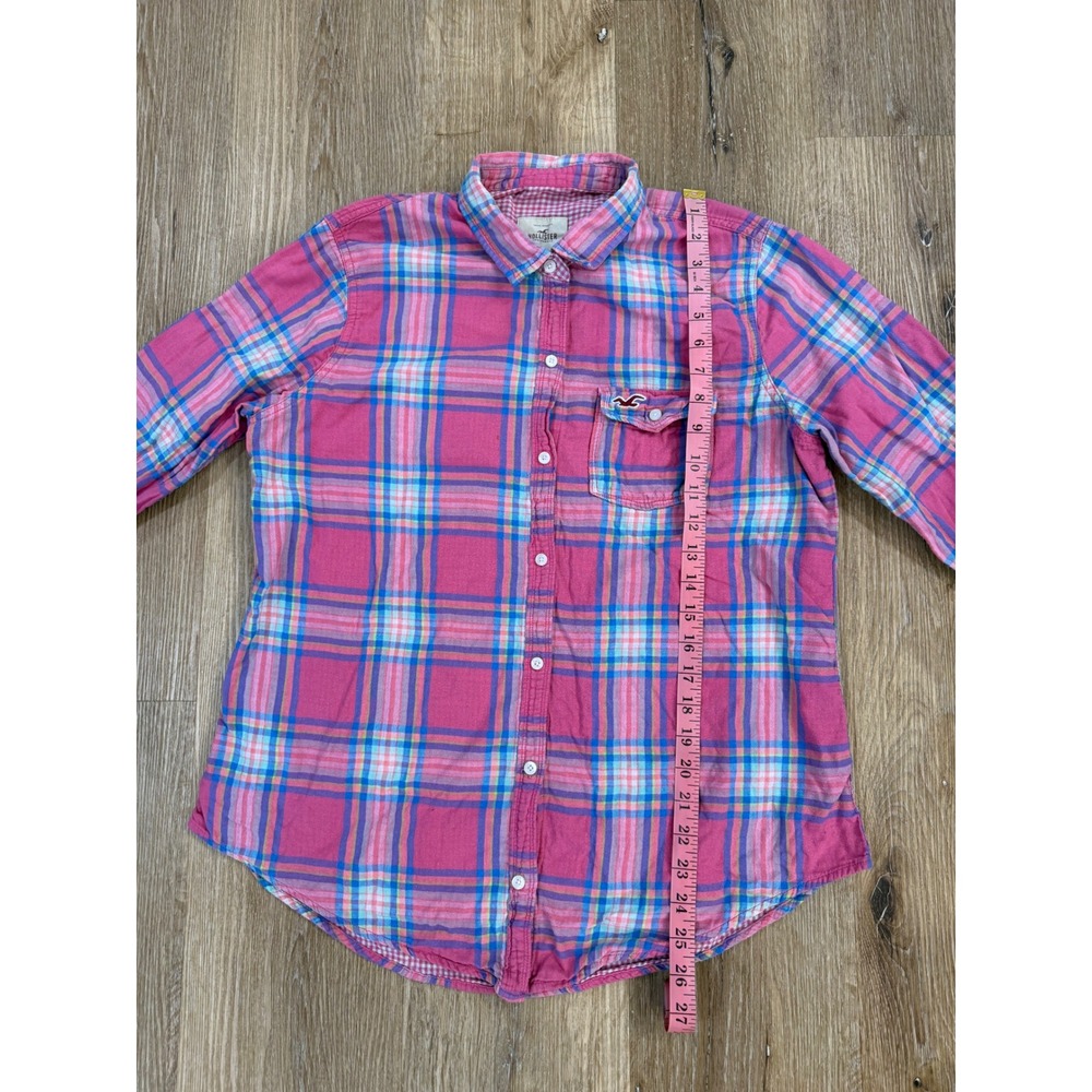 Hollister Preppy Coastal Y2K Gingham Plaid Button Down Shirt Women L Pink Blue - Picture 7 of 11